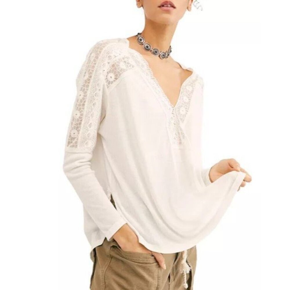 Free People Lola Long Sleeve Knit Lace Shirt Lace Womens Size XS Oversized Ivory